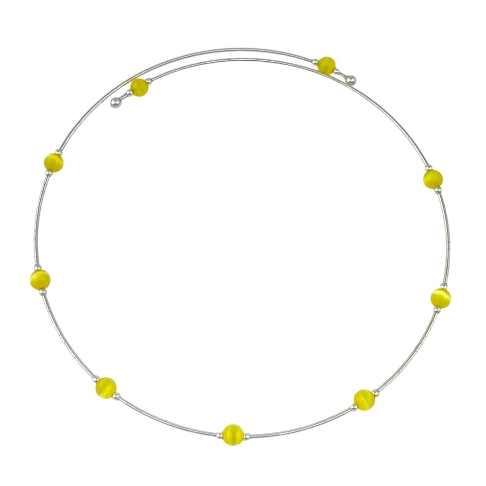 Vintage Sterling Silver 925 Yellow Cat’s Eye Memory Wire Necklace 16"
